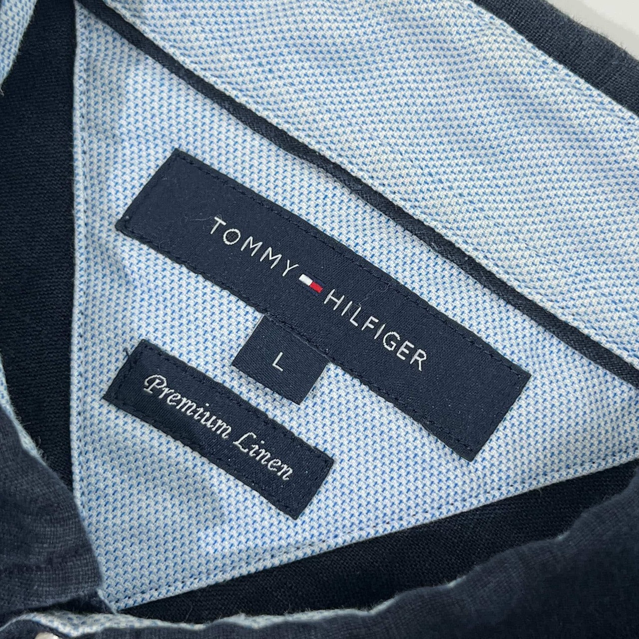 リネン100% TOMMY HILFIGER トミーフィルフィガー BD ボタンダウン 長袖シャツ L/ネイビー メンズ 麻