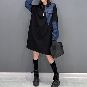 ROUND NECK DENIM STITCH BLACK MINI DRESS 1color M-6084