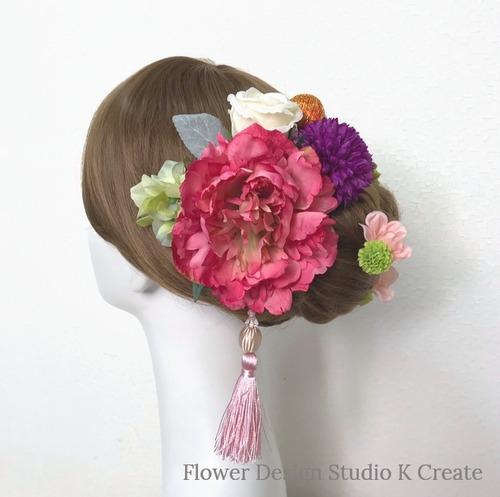 成人式・結婚式・卒業袴に♡ローズピンクのピオニーのヘッドドレス（19点セット）和装　着物髪飾り　和装婚　成人式前撮り
