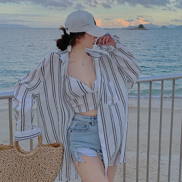 セットアップ レディース 2点セット ストライプ オーバーフィット シャツ ブラトップ かっこいい おしゃれ リゾート