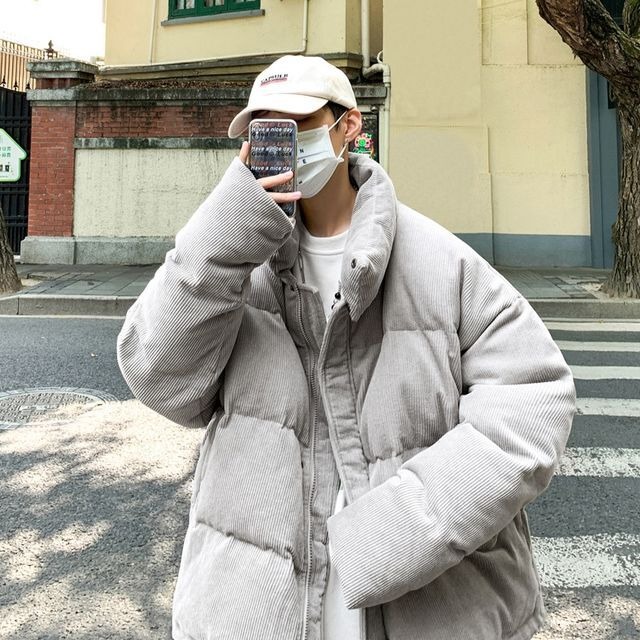 予約販売】ダウンジャケット メンズ コーデュロイ 無地 スタンドカラー 