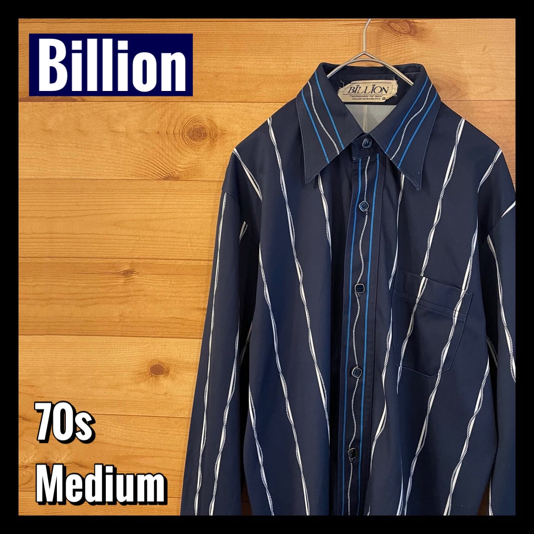 billion】 70s レトロ 長袖シャツ ポリシャツ 柄シャツ M デカ襟