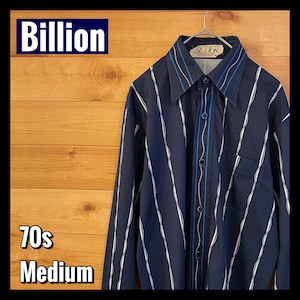 【billion】 70s レトロ 長袖シャツ ポリシャツ 柄シャツ M デカ襟