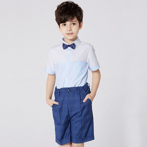 子供服 フォーマルスーツ スーツセット 上下セット キッズ ピアノ発表会 結婚式 入園式 卒業式 男の子 3点セット 定番 半袖 110 1 130 140 150 ブルー 青い シャツ パンツ Elegant