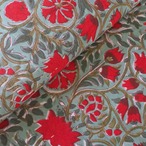 ブロックプリント生地【50cm単位】インド綿 花柄B くすみグリーン×赤 #44390-GR2