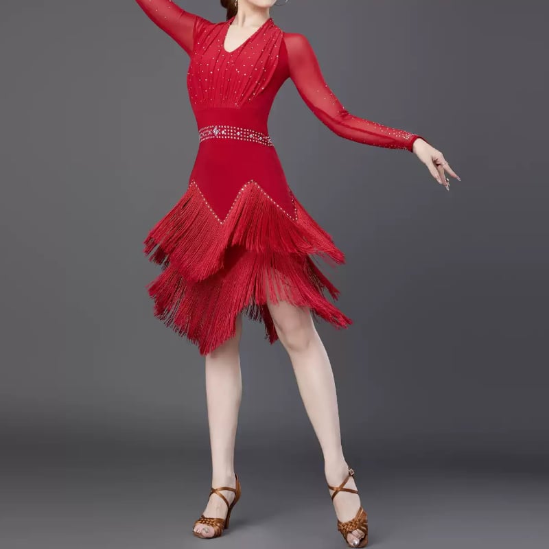 ロングスリーブ フリンジ Aライン ミモレ ラテンドレス ds1038