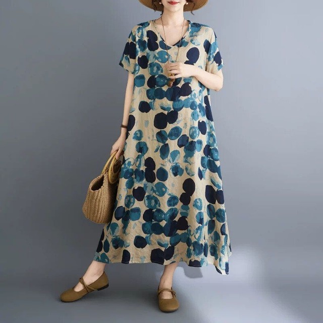 ASYMMETRIC V-NECK POLKA DOT LINEN MIDI DRESS M-17137