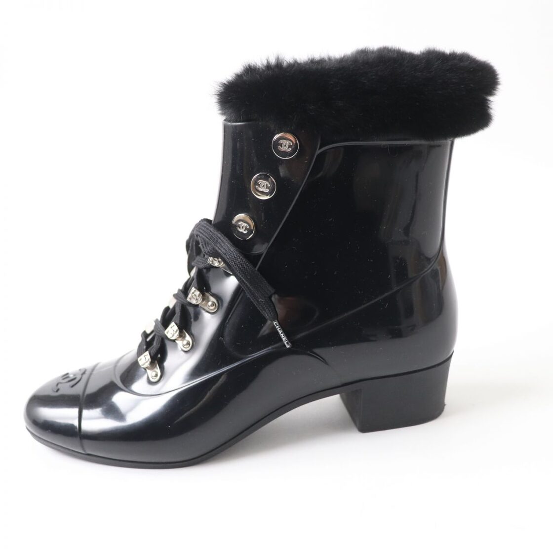 美品☆CHANEL シャネル ココマーク・ファー付き レースアップ レイン 