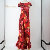 フラダンス 衣装 ワンピース ドレス レッド系 ムームーファクトリー ハワイ製 ハワイアンプリント アロハ T&amp;L MUUMUU FACTORY フラ ダンス レッスン 練習 花柄 植物柄 華やか 鮮やか フリル キャミソール オフショル かわいい おしゃれ ブラック系 イエロー系 ピンク系 赤 黒 黄 ピンク フラダンス衣装