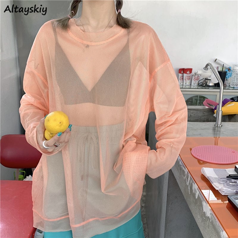 【新作】【送料無料】 女性長袖 Tシャツソリッドメッシュファッショナブルなオールマッチヒップスターストリート原宿キャンディーカラースウィートホットカジュアルヤングイン 0336221215041