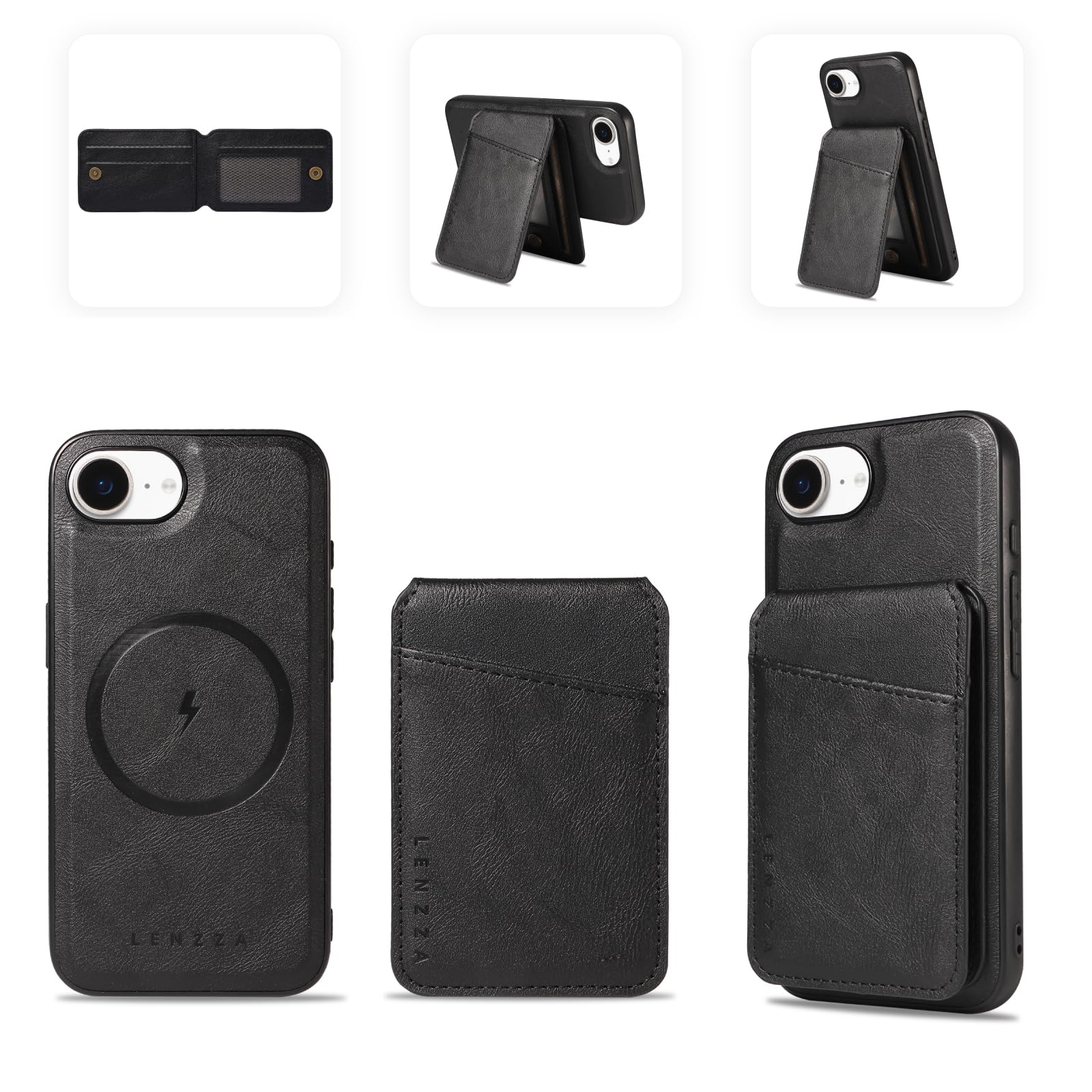 LENZZA MagSafe対応 3-in-1 iPhoneケース ヴィンテージレザーケース スマホケース (カードウォレット付属) (ヴィンテージブラック, iPhone 16e /17e)