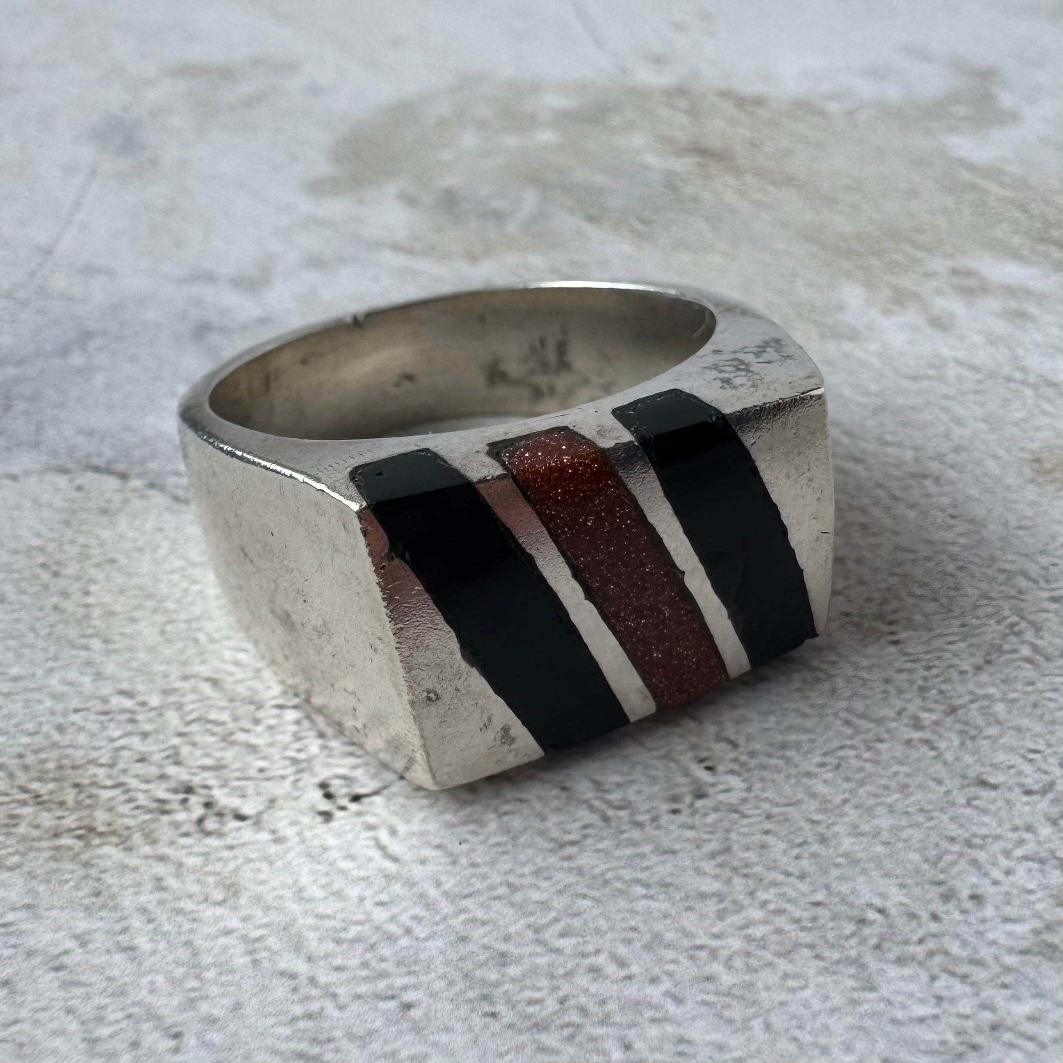 Vintage Onyx Inlay Ring Silver925 Size21.5 Made in Mexico