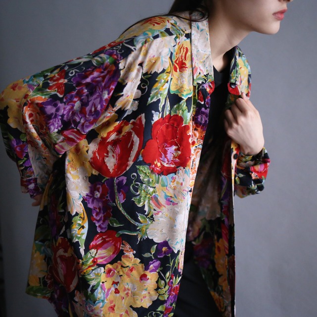 many many flower art and beads decoration pattern loose shirt