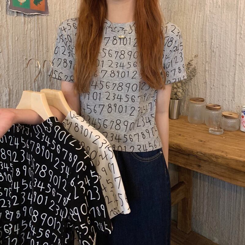 プリントラウンドネックブラックTシャツ レディースサマースタイルルーズトップス 夏物 Oネック YY-ファッション73794368358