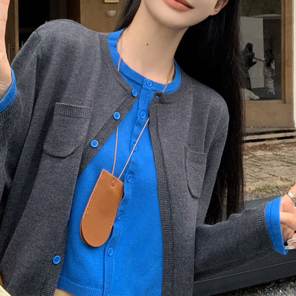 【送料無料】 レイヤード風 ニット カーディガン 重ね着 レディース 春秋 韓国 トップス 羽織り きれいめ 大人 カジュアル おしゃれ 切り替え 配色 長袖 ニットカーディガン 大人可愛い 大人女子