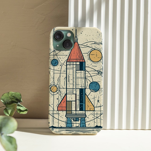受注生産 iPhoneケース ロケットと宇宙塔の線画ポスター｜レトロ宇宙 RFSP073A