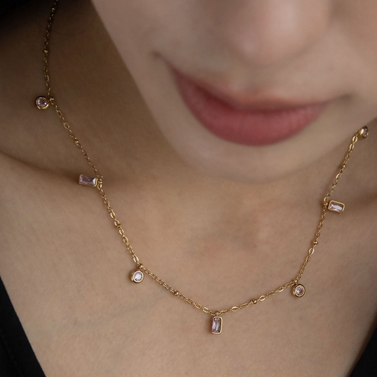 【ネコポス便】ピンクキュービックジルコニアネックレス  金属アレルギー対応 ドットチェーン ネックレス サージカルステンレス レディース ネックレス 華奢 2376