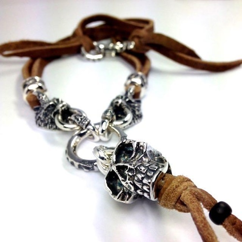 LEATHER NECKLACE 2 BEADS [SKULL & WOLVES] / スカル＆ウルヴスレザーネックレス