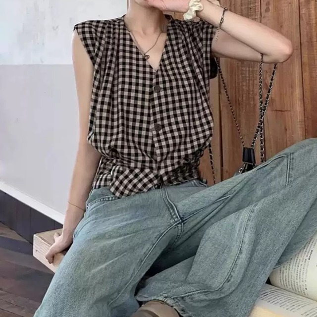 ボタンフロント チェック柄 半袖シャツ 2color W01464