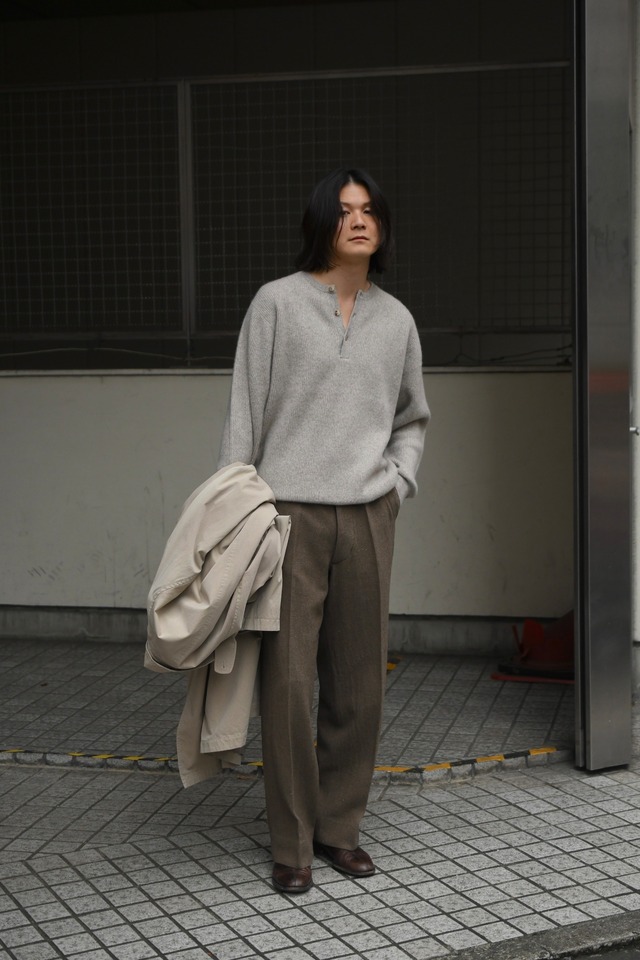 KAPTAIN SUNSHINE / Wool Linen Serge Flat Wide Pants (Moss)
