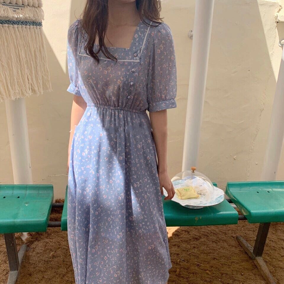 スクエア ブルー ワンピース 花柄 春夏 シフォンワンピース Macaron スクエア ブルー ワンピース 花柄 春夏 シフォンワンピース Macaron