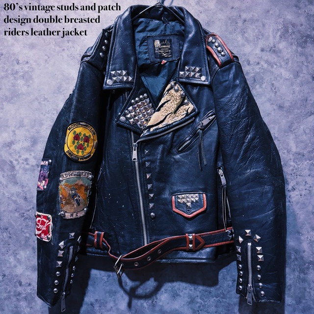 【doppio】80’s vintage studs and patch design double breasted riders leather jacket