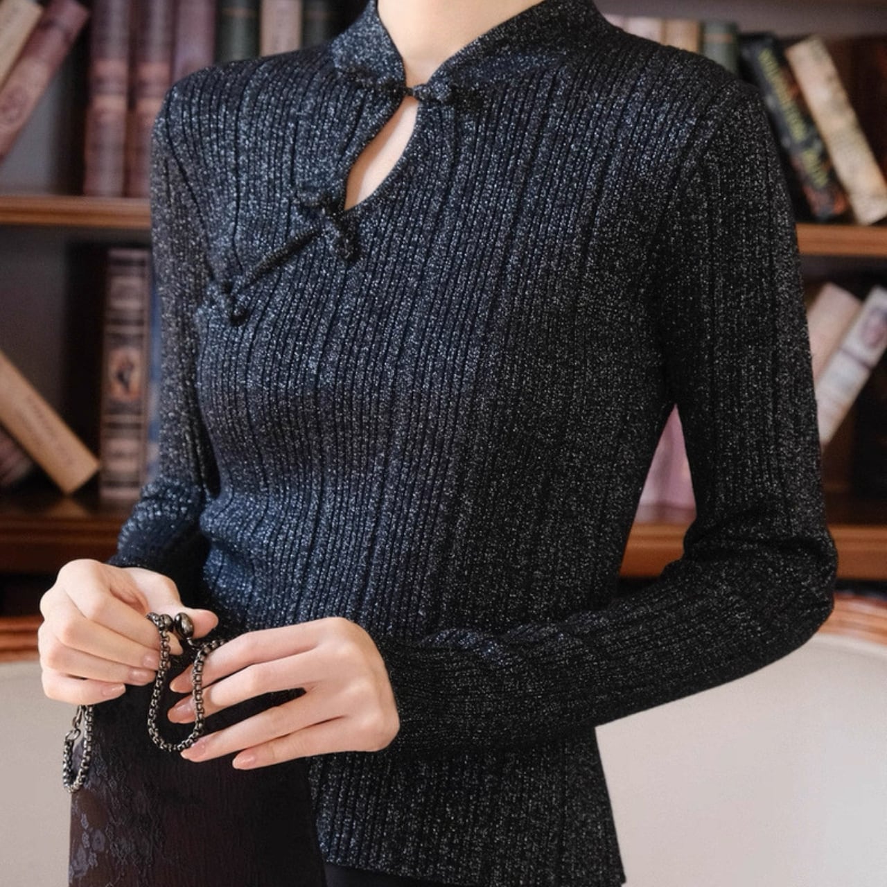 チャイナボタンリブニットトップス W00290