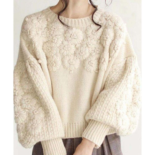 フラワーモチーフ　ボリュームスリーブニット　S0334