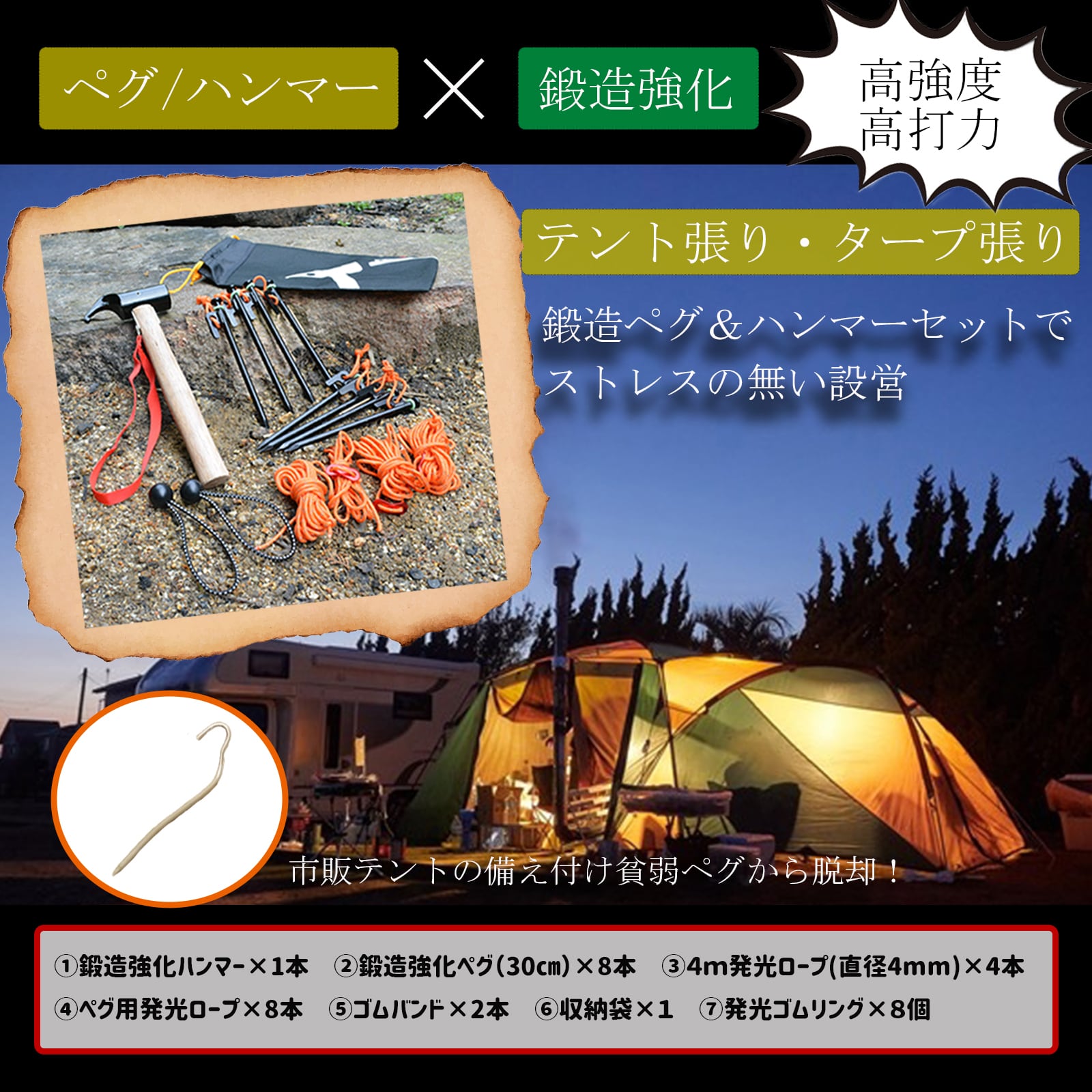 ペグ ハンマーセット 30cm鍛造ペグ8本 テントロープ4m×4本 | nda-style