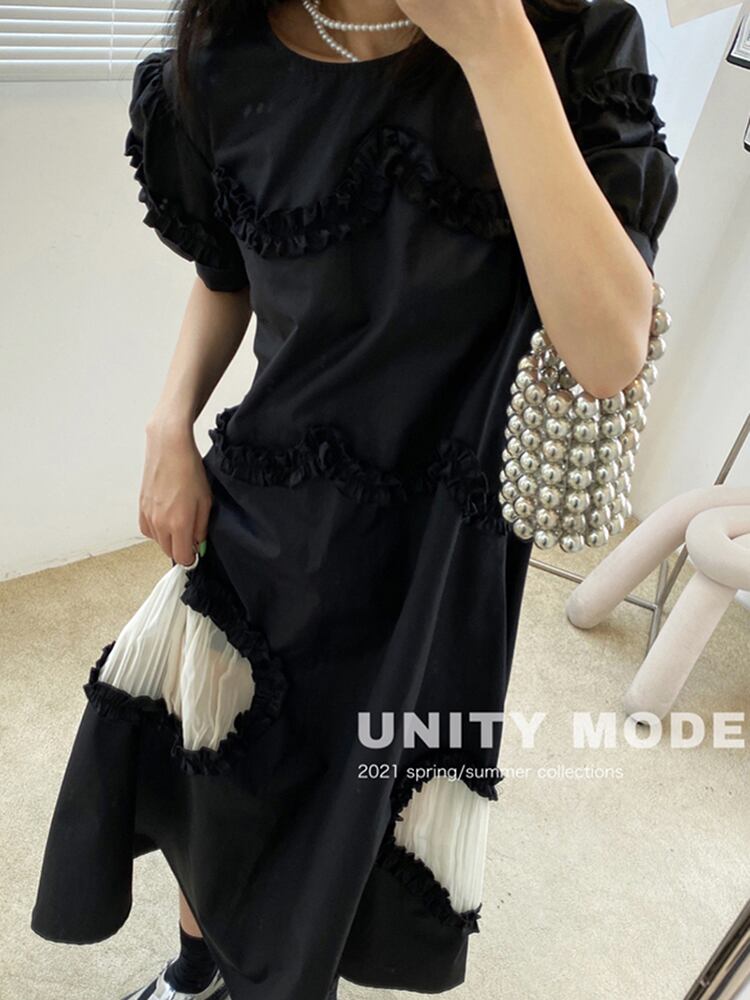 ドレス サマープリーツAラインラウンドネックスリーブロングスカート 夏物 Oネック ビッグFスモールZ韓国88997433928