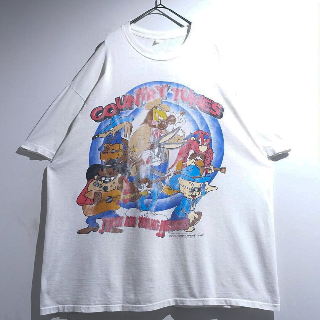 90s "LOONEY TUNES" White Character Double-Sided Print T-Shirt