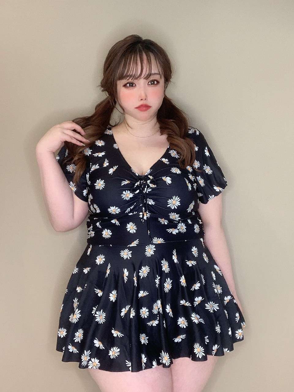 水着 スイムウェア ワンピース 花柄 デイジー 半袖 フリル 体型カバー 大きいサイズ 韓国 CH0952