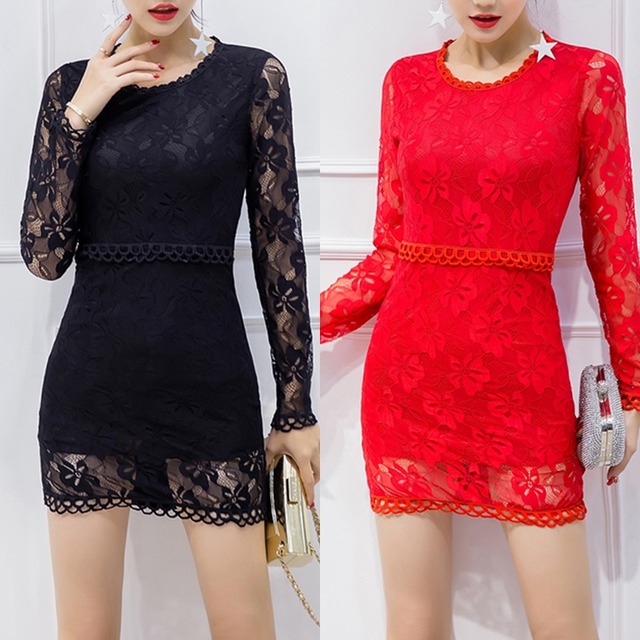 クルーネック レース タイト ミニ丈ワンピース