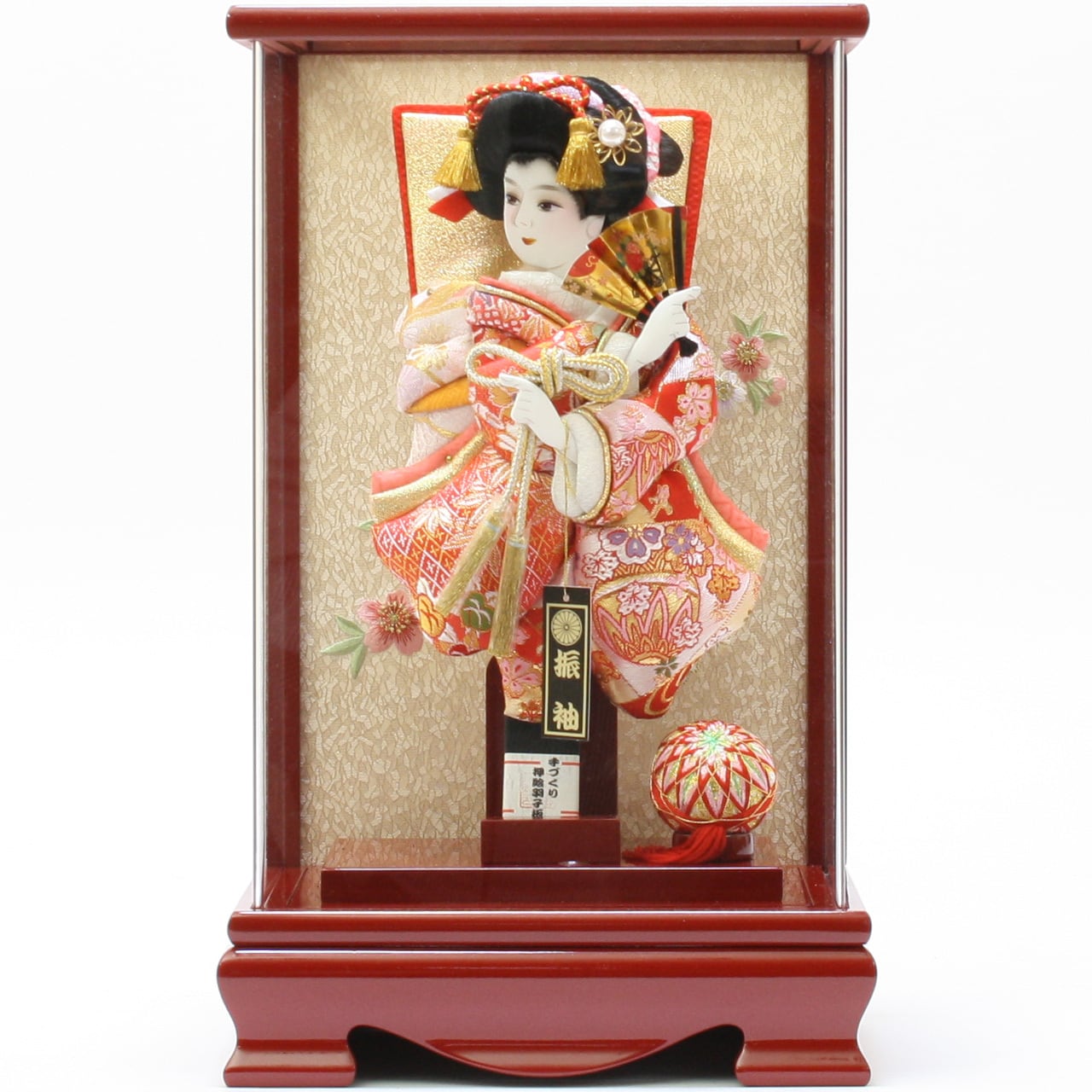 羽子板飾り《商品コード》10308-0164 D 花振袖 金襴 10408-0007 621188 羽子板ケース アクリル 赤|初正月|省スペース|おしゃれ|モダン|コンパクト|江戸押絵羽子板|無病息災|邪気払い|無患子