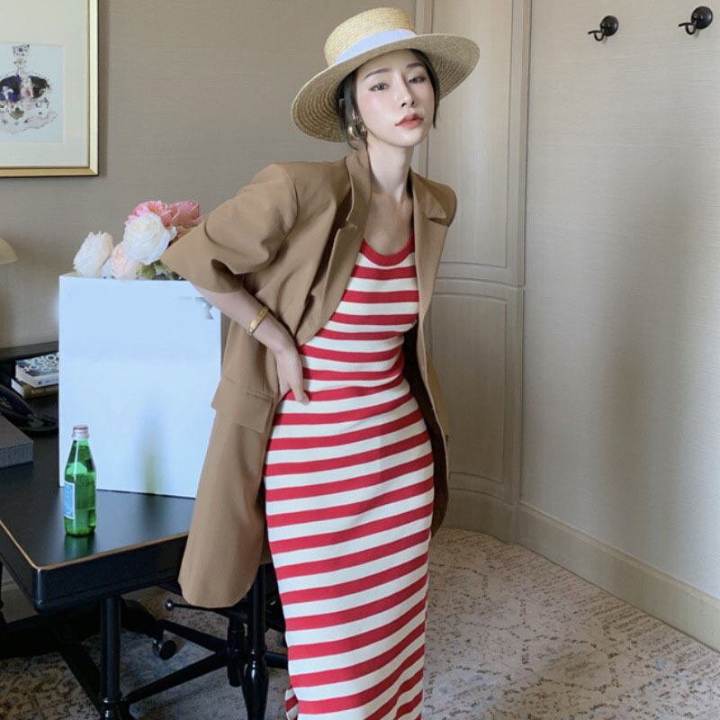 サマースタイルレッドストライプスリムウェストドレス レディース 夏物 YY-ファッション50679178535