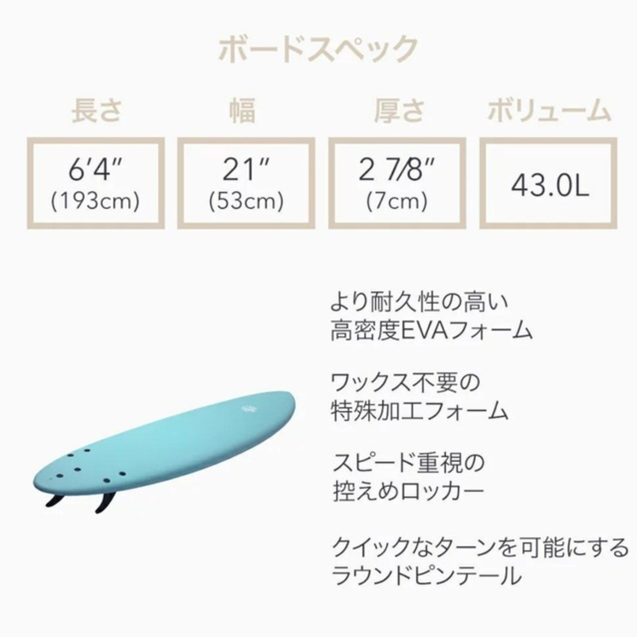 Beach Access ビーチアクセス ソフトボード 6’4” 43L ミッドレングス エンジェルブルー ワックス不要 (スポンジボード ソフトサーフボード ファンボード)