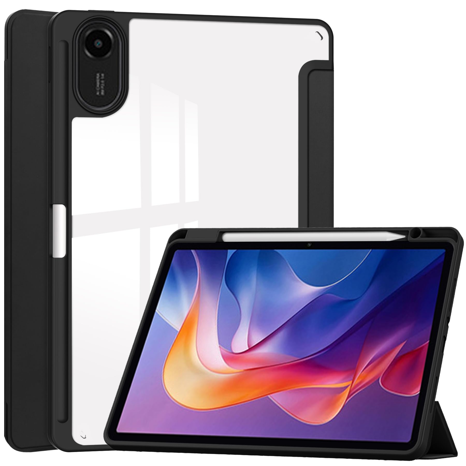 2025年発売 Xiaomi Redmi Pad 2 ケース wi-fiモデル/4Gモデル対応 背面クリア 透明 ペンホルダー付き redmi pad2 カバー オートスリープ機能付き 三つ折りスタンド 耐衝撃 軽量,ブラック