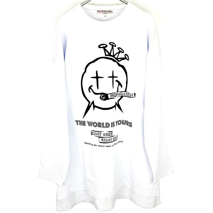 Propa9anda プロパガンダ Pekenico Crown L S Tee Bigサイズロンｔ ビッグｔシャツ オーバーサイズ ワンピース ロング丈 長袖 ニコちゃん スマイル 黒白 ブラックホワイト スカルドクロ 大きい メンズレディース パンクロック Punkrock バンド ギフト ステージ衣装