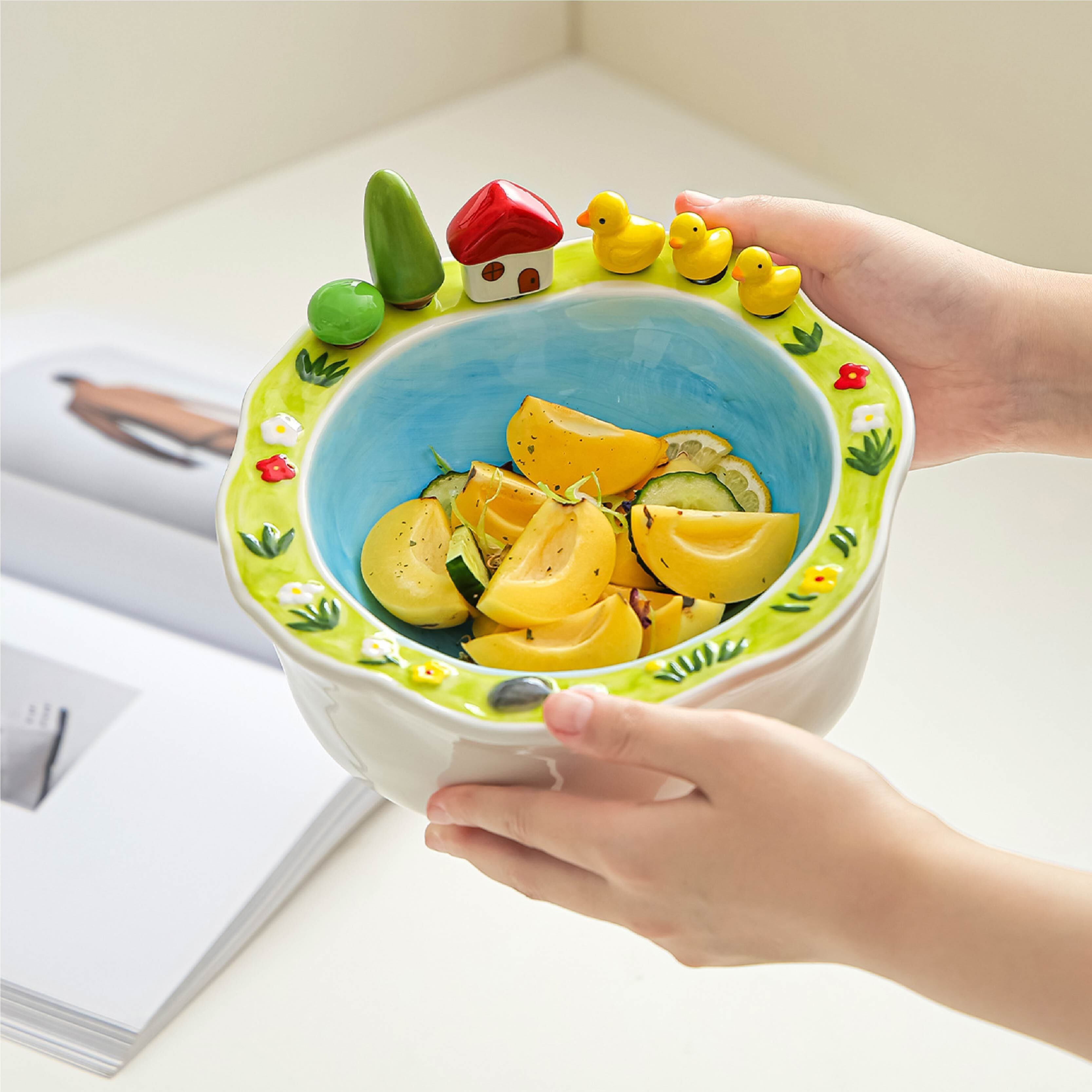 HY 655 . フルーツボウル ピック6本付き 陶器 約20.5cm 湖畔モチーフ