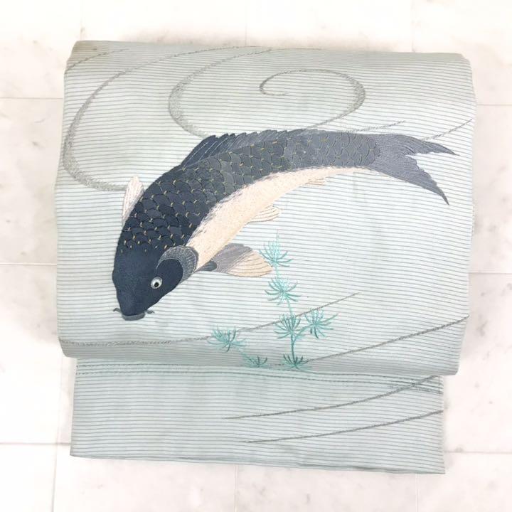 AO-357 アンティーク帯 名古屋帯 夏帯 刺繍の鯉 魚柄