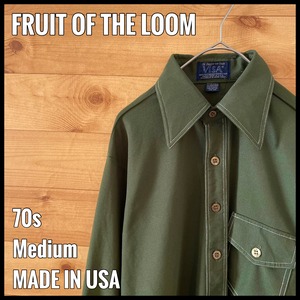 【FRUIT OF THE LOOM】70s USA製 VISA ポリシャツ 薄手 デカ襟 長袖シャツ ディープグリーン 無地 プレーン 希少 ヴィンテージ M US古着