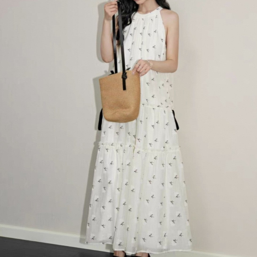 小花柄 サイドリボン ティアードワンピース 00383