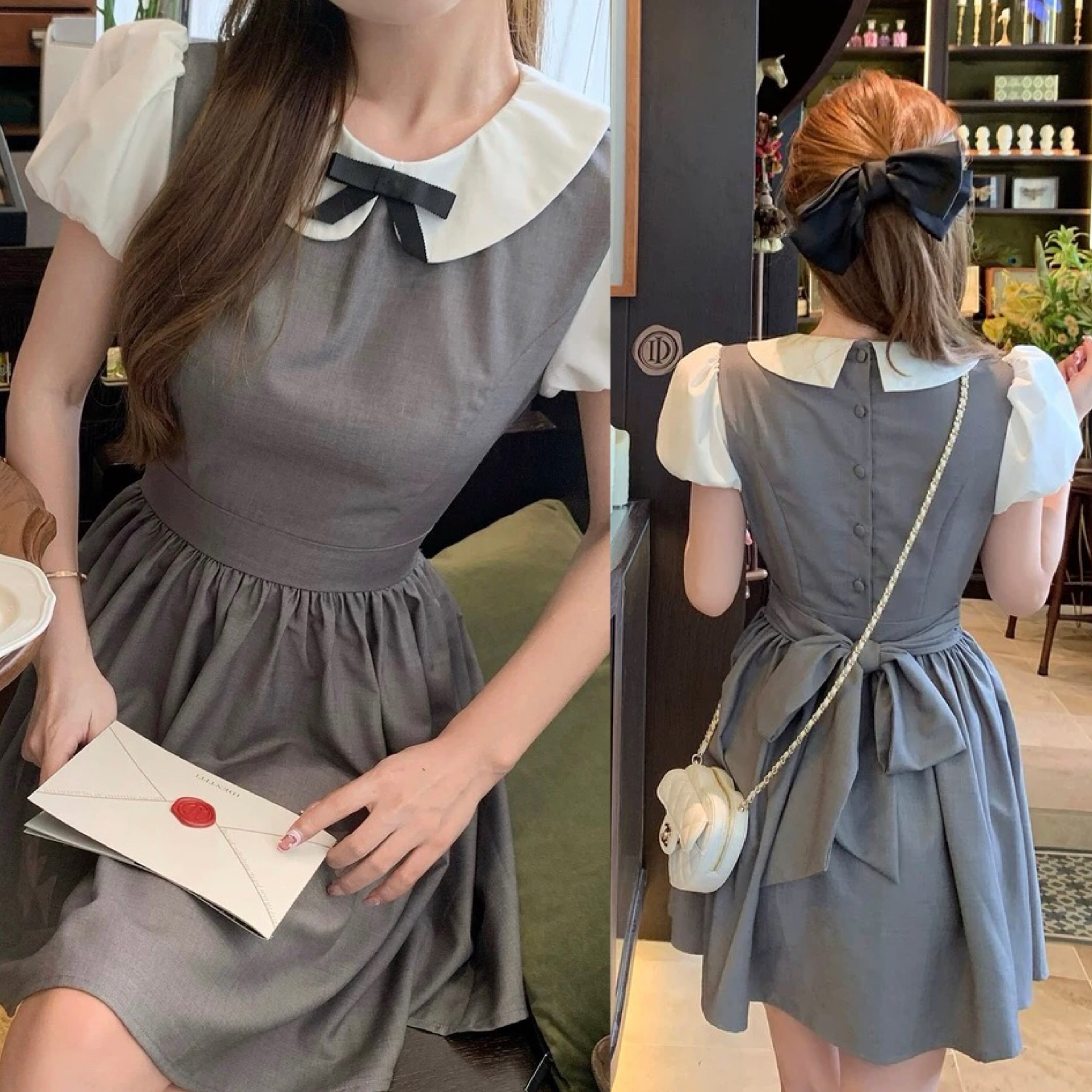 グレー 制服 お嬢様 リボン チェック 水色 ブラウス シャツ ワンピース