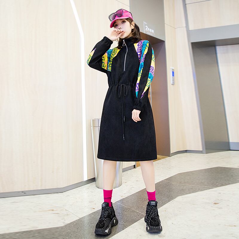 オータムスタイルドレス ジッパー薄手ウェストギャザー 大きめサイズ 秋物 ミックスインファッション81115459072