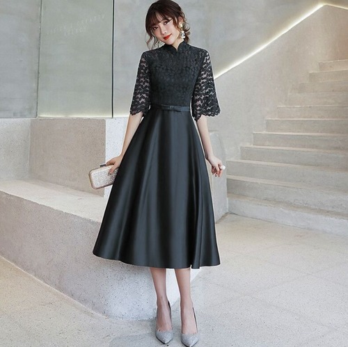 ドレス レディース ワンピース ウェディング パーティー イブニング 結婚式 二次会 披露宴 発表会 フォーマル セレモニー ミモレ 5分袖 スタンドカラー フレア Aライン レース 刺繍 ウエストリボン 切り替えデザイン ドッキング 透け感 シースルー 可愛い きれいめ 大人可愛い 上品 おしゃれ かっこいい レトロ キュート ガーリー エレガント モダン 抜け感 クラシック エレガント シック 花柄 フラワー 格上げ 春 夏 秋 XS 2XL S M L XL 黒 ネイビー ブラック ライトブルー