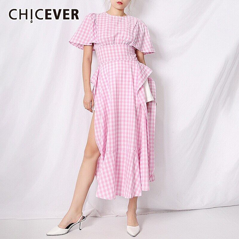 CHICEVERチェック柄ヒットカラードレスレディースOネック半袖サイドスプリットパッチワークフリルプラスサイズルーズドレス2021 ショート ハーフスリーブ 大きめサイズ 6base520738063532