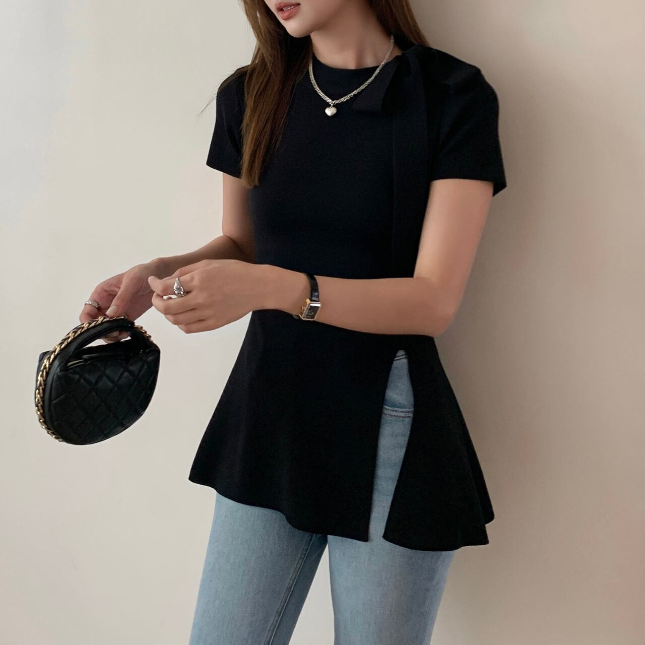 サイドリボン スリットニットトップス A4169