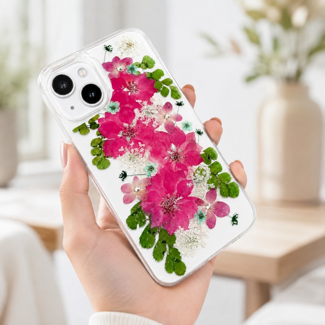 【ほぼ全機種対応スマホケース】押し花スマホケース NO.805 押し花＆レジン iPhone8以降全機種/Xperia/AQUOS/Galaxy他