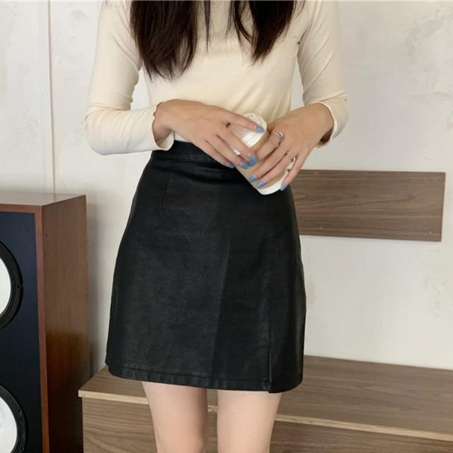 Aラインスカート オータムウィンターレザーハイウェストウェストショート 秋物 冬物 1号婦人1145784861