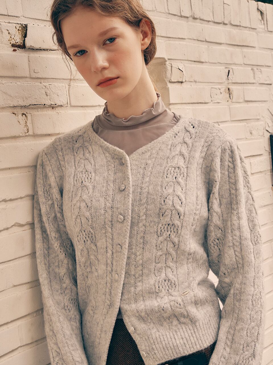 ROLAROLA] PUFF SLEEVE CABLE CARDIGAN MELANGE GRAY 正規品 韓国